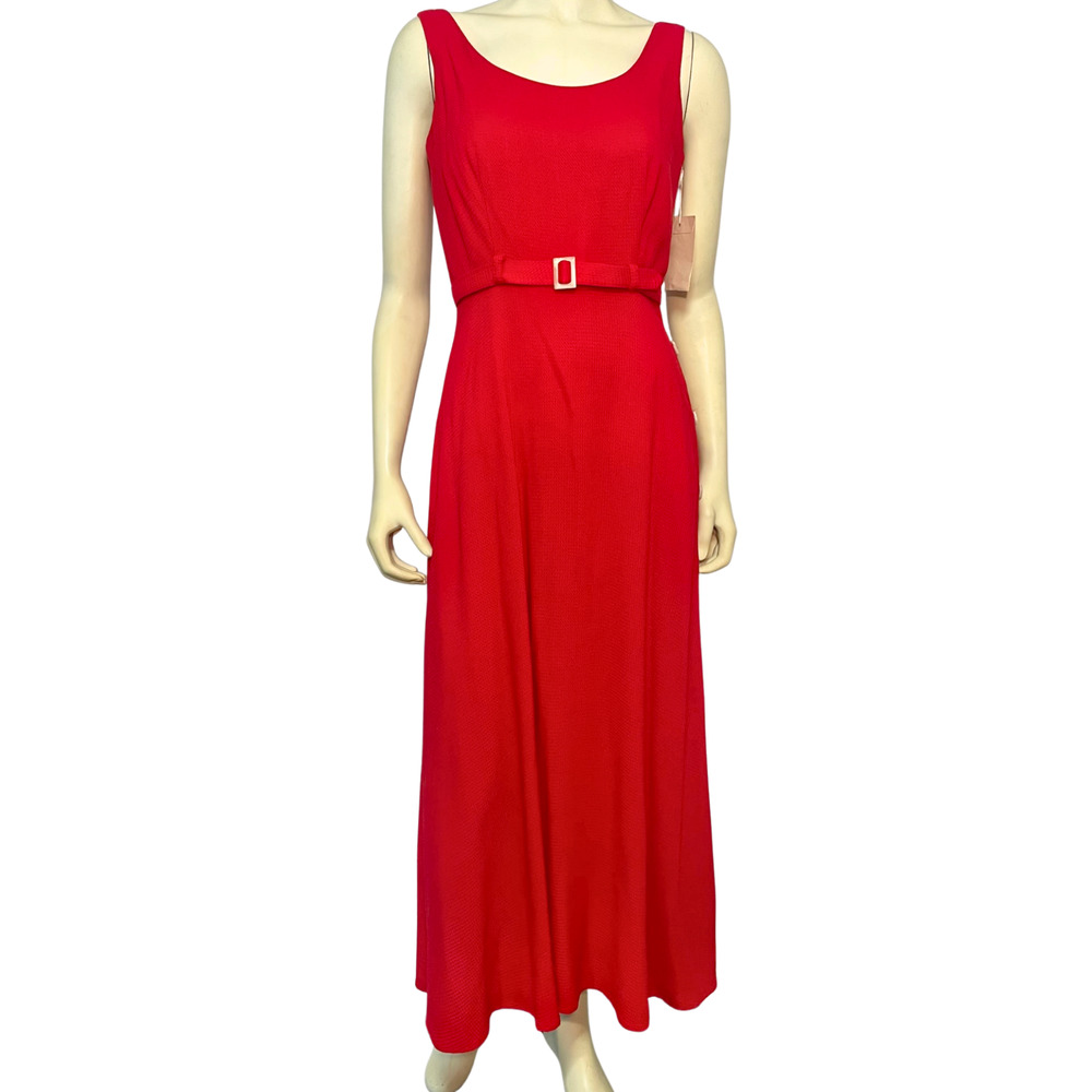 Vtg 90s Moda Int'l Sz 4 Slim Maxi Dress Scoop Neck Belted Side Buttons Red New